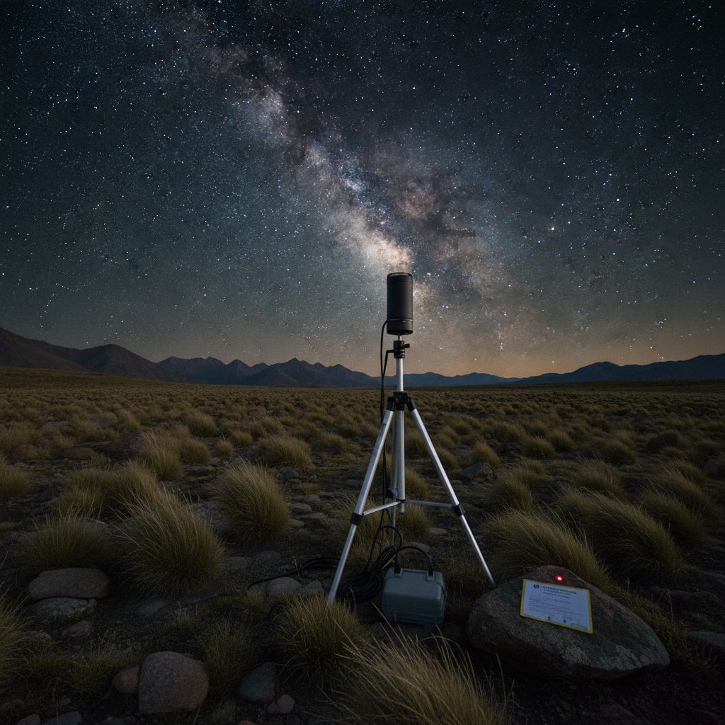 An expansive high-altitude plateau with low, wind-sculpted grasses and scattered rocks under an extraordinarily dark, transparent sky, where the Milky Way stands in bright, detailed relief. In the foreground, a portable dark-sky measuring station sits on a sturdy tripod, with a matte-black light meter, small weatherproof data logger, and a compact, shielded indicator light glowing faint red to preserve night vision. Cables are neatly organized, and a laminated field protocol sheet lies on a flat rock nearby. Photographic realism with eye-level composition and moderate depth of field keeps instruments sharp against a softly receding landscape. Natural starlight creates subtle highlights on equipment edges, evoking a precise, scientific, yet tranquil atmosphere supporting data-driven dark-sky stewardship.