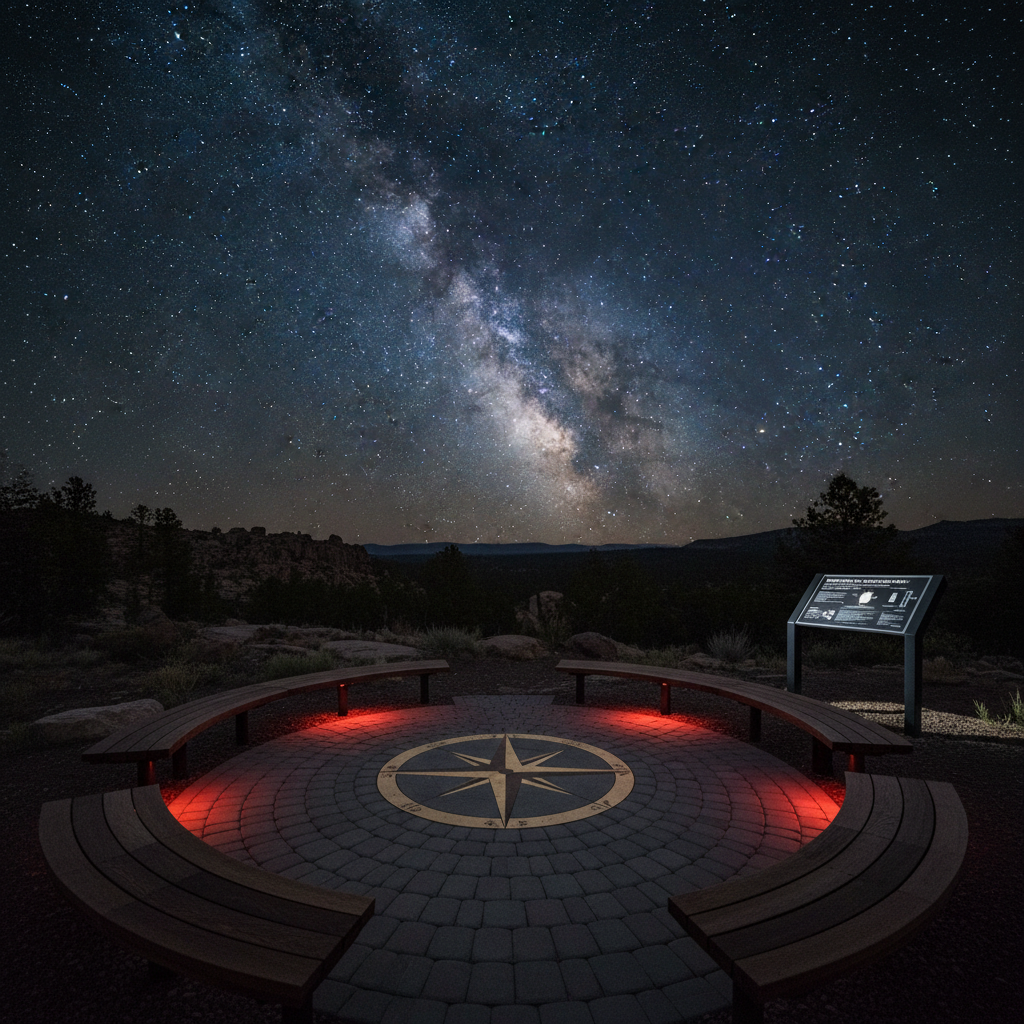 A modern outdoor learning space in a remote, designated dark-sky reserve, featuring a circular arrangement of low, dark-stained wooden benches around a central compass inlaid into smooth stone pavers. Discreet, fully shielded red-tinted ground lights provide minimal illumination, preserving the remarkably rich, star-dense sky overhead. Nearby, a sleek, weatherproof educational sign about light pollution is visible, its surface catching just enough light to be legible without glare. Photographic realism with a calm, professional mood, shot from a slightly elevated angle to show both the gathering circle and the expansive night sky. The cool, natural starlight contrasts gently with the warm, minimal artificial light, reinforcing themes of responsible environmental action.