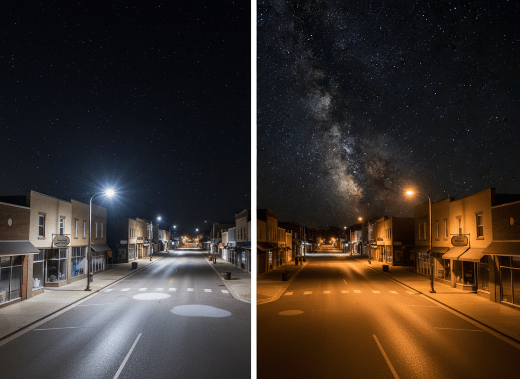 A side-by-side nighttime comparison of two adjacent small-town streets viewed from an elevated angle: on the left, harsh, unshielded white streetlights create glare, skyglow, and washed-out stars; on the right, well-designed, fully shielded warm-amber fixtures cast focused pools of light on the pavement while preserving a richly starry sky above. Storefronts have subtle, downlit signage with no excessive brightness or spill. Photographic realism with sharp detail throughout, capturing reflective asphalt texture, building facades, and the gradient of sky brightness. The composition uses a central dividing line to clearly contrast poor versus responsible lighting, creating an informative, professional, educational atmosphere aligned with dark-sky stewardship principles.