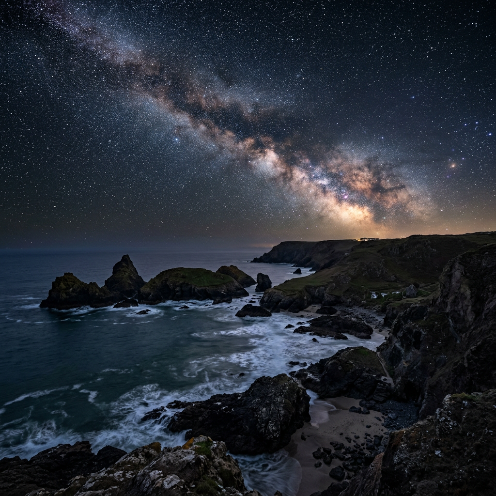 Milky Way galaxy illuminating starry night sky above rocky coastline and ocean waves