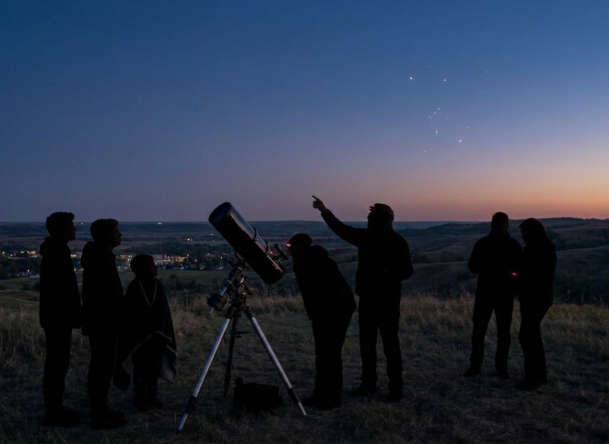 A side-by-side nighttime comparison of two adjacent small-town streets viewed from an elevated angle: on the left, harsh, unshielded white streetlights create glare, skyglow, and washed-out stars; on the right, well-designed, fully shielded warm-amber fixtures cast focused pools of light on the pavement while preserving a richly starry sky above. Storefronts have subtle, downlit signage with no excessive brightness or spill. Photographic realism with sharp detail throughout, capturing reflective asphalt texture, building facades, and the gradient of sky brightness. The composition uses a central dividing line to clearly contrast poor versus responsible lighting, creating an informative, professional, educational atmosphere aligned with dark-sky stewardship principles.