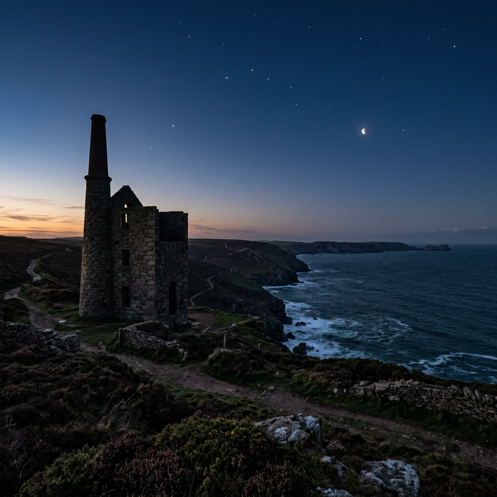Night sky over Cornwall mine at dusk, few stars